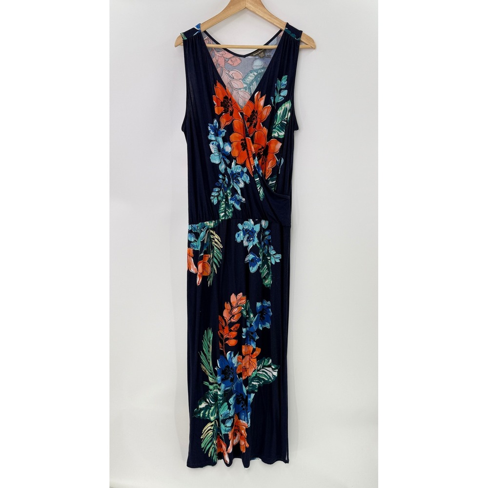 Tommy Bahama Womens XL Navy Blue Tropical Floral Surplice V-Neck Maxi Dress